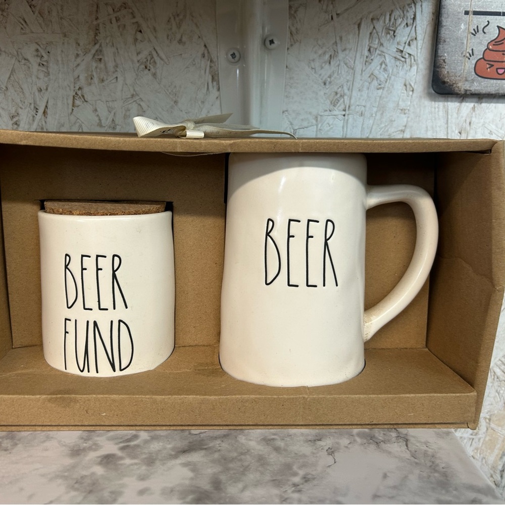 Rae Dunn Cream Beer Mug and Fund Jar Set